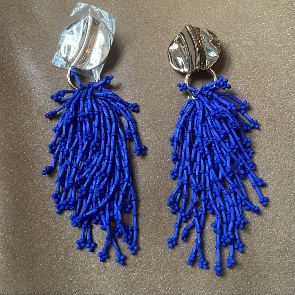 NWT Phillip Lim electric blue and gold beaded cascading earrings statement - Picture 4 of 8